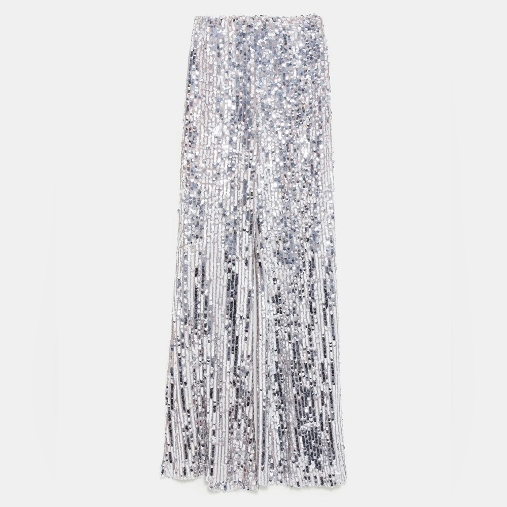 Zara Flared Sequin Trouser Pants Sz L RARE